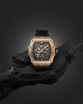 TSAR BOMBA watch features a rose gold-toned tonneau case and a skeleton dial.