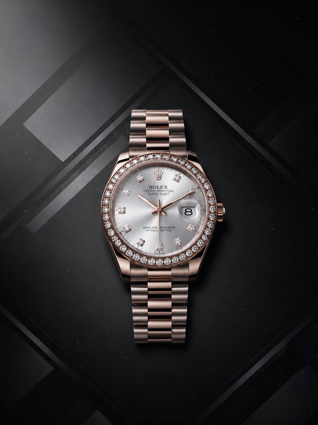Rolex Datejust 31 is crafted from 18 ct Everose gold and features a bezel set with brilliant-cut diamonds