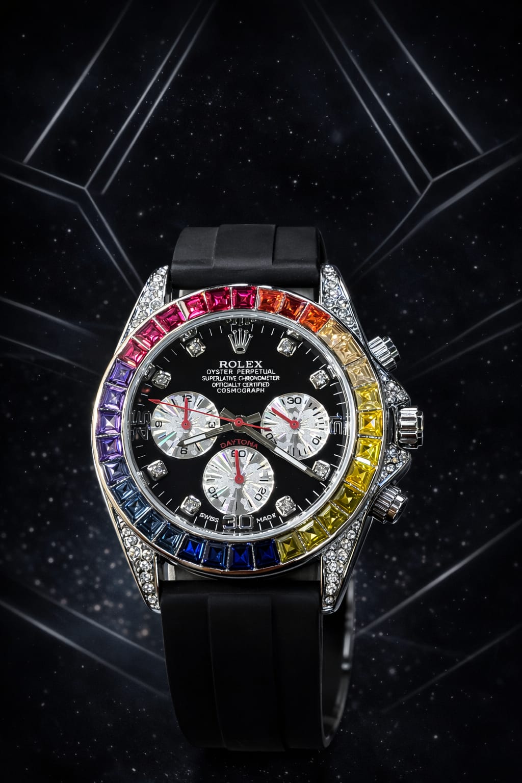 Rolex Cosmograph Daytona Rainbow Black Dial Watch – Multicolor Sapphire Bezel Luxury Men's Chronograph Watch