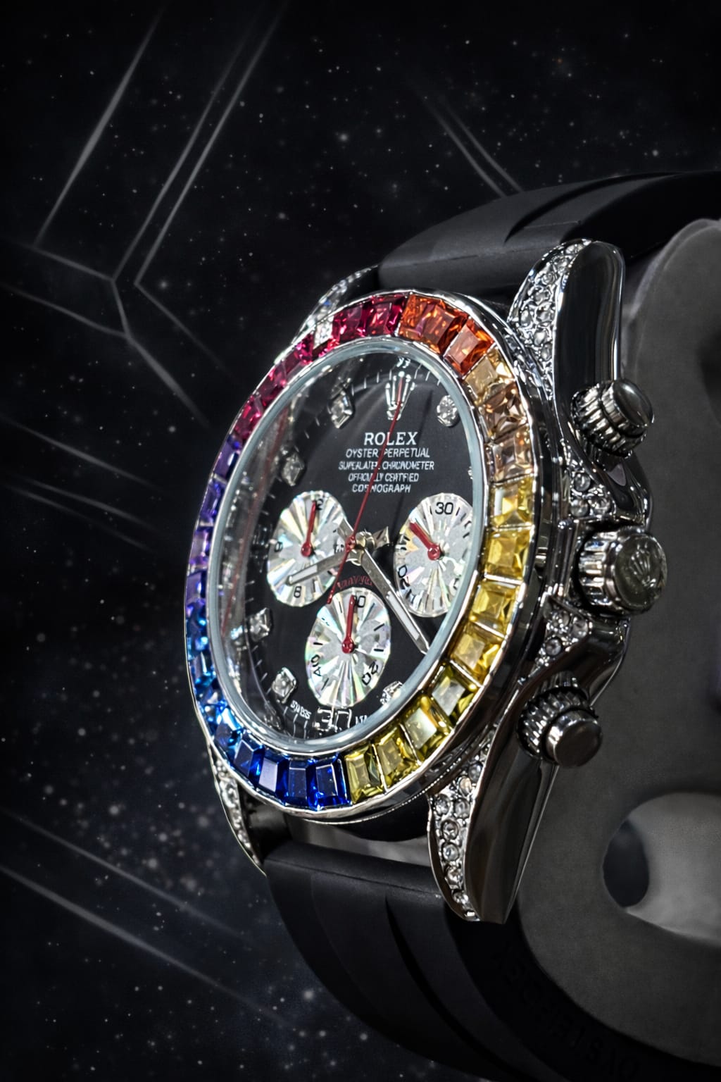 Rolex Cosmograph Daytona Rainbow Black Dial Watch – Multicolor Sapphire Bezel Luxury Men's Chronograph Watch